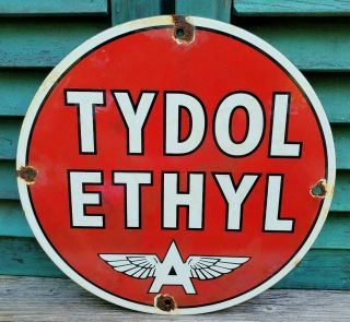 Vintage " Tydol Ethyl " W/ Flying A Gasoline Wings 9 3/4 " Porcelain Metal Oil Sign