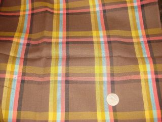 Vintage Cotton Blend Fabric Shades Of Brown,  Salmon,  Gold,  Turquoise Plaid 1 1/2 Yd