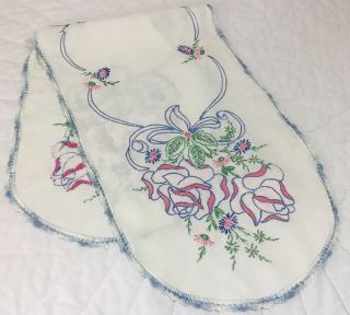 Vintage Dresser Scarf,  Cotton,  Embroidered Flowers & Leaves,  Roses,  White,  Blue