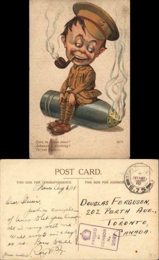 Wwi 1918 Soldier Sitting On A Shell,  Smoking Postcard Vintage Post Card