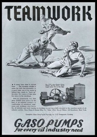 1937 Gaso Oil Well Drilling Pump Baseball Game Art Vintage Trade Print Ad