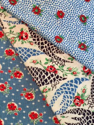 Vintage Feedsack Fabric Partials,  3 Different Patterns Blues,  Little Red Flowers