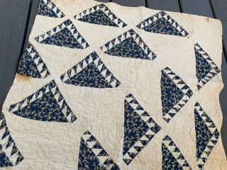 Vintage Well Done Hand Quilted Navy Blue Floral Calico Cutter Quilt Piece