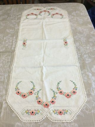 Vintage Linens Hand Embroidered Crocheted Table Runner Dresser Scarf Flowers