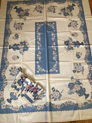 6 Vintage Pink Blue Flower Vase Cloth Napkins & Tablecloth 62 By 42