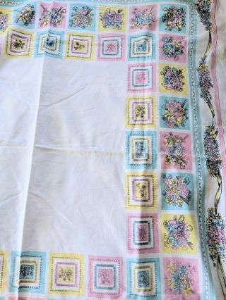 Vintage 1950s White Pink Blue Yellow Floral Ribbon Print Cotton Tablecloth