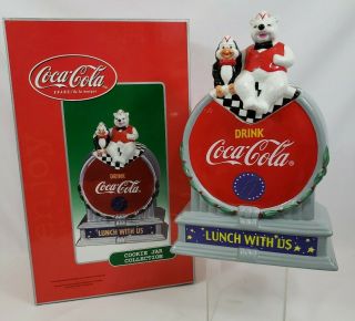 2001 Coke Coca Cola Cookie Jar Polar Bear Penguin Lunch With Us