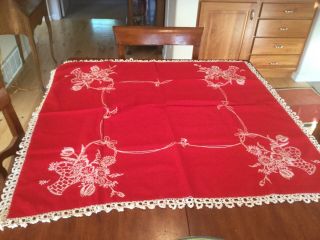 Vintage Red Hand Embroidered Card Table Cloth Basket Flowers W/ Crocheted Edge