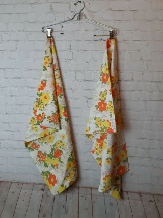Pair Set Of 2 Vintage Yellow Floral Standard Size Psychedelic Pillow Cases Linen