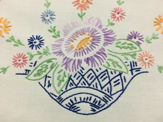Vintage Handmade Embroidered Floral Linen Table Runner Dresser Scarf Crochet