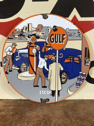 1938 Vintage  Gulf  Motor Oil & Gasoline Porcelain 12    Made In Usa