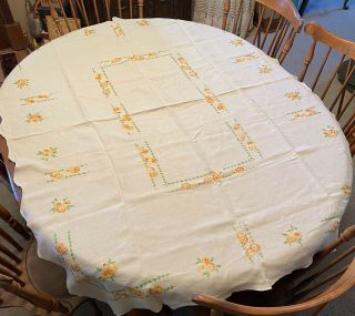 Vintage Off White Linen Hand Embroidered Floral Flowers Tablecloth 62 " L X47 " W