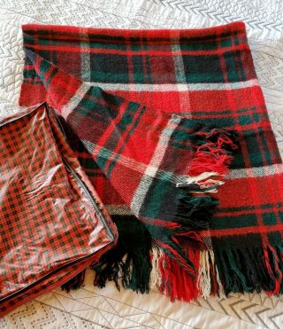 Vintage Red Green Plaid Fringe Wool Stadium Throw Blanket Cabin In Zipper Bag