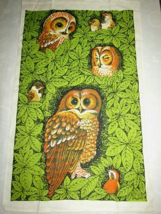 Vintage Lois Long Mid Century Owls Trees Birds Tea Towel Linen Screenprint 16x27