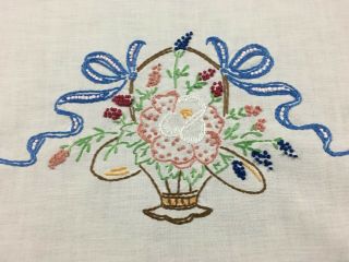 Vintage Handmade Embroidered Linen Table Runner Dresser Scarf Flower Basket