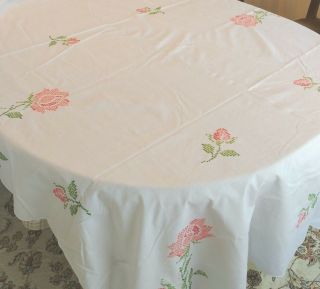 Vintage Tablecloth 58 " X 96 " Hand Cross Stitched Peach Green Floral