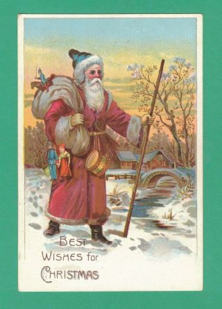 Vintage Christmas Postcard Santa Claus Sack Toys Staff Snow Bridge Sunset