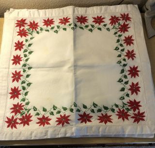 Set Of 8 Vintage Christmas Table Linen Napkins Poinsettia Borders White Based