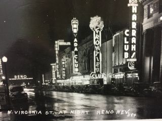 1940 ' S RPPC RENO,  NV VIRGINIA STREET AT NIGHT WALGREEN DRUGS,  HARRAH ' S CLUB 2