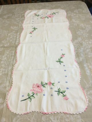 Vintage Linens Hand Embroidered Crocheted Table Runner Dresser Scarf Pink Roses