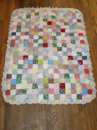 Vintage Handmade Old Fashioned Multi - Colored Patchwork Hand Tied Quilt 44 X 34