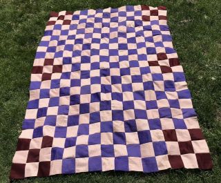 Vtg Quilt Top Handmade Nine Patch Peach Purple Polyester 56 " X 76 " 4 Corners