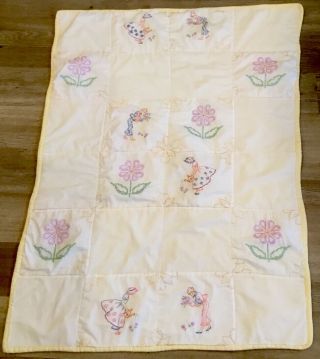 Vintage Crib Quilt,  Hand Made,  Embroidered Flowers,  Flower Girl & Boy,  White