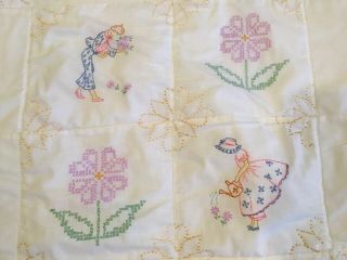 Vintage Crib Quilt,  Hand Made,  Embroidered Flowers,  Flower Girl & Boy,  White 2
