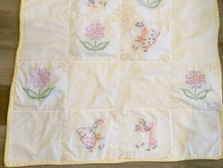 Vintage Crib Quilt,  Hand Made,  Embroidered Flowers,  Flower Girl & Boy,  White 3