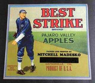 Best Strike Apple Fruit Crate Label,  Old Time Baseball Player