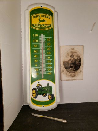 John Deere - Metal Advertising Sign With Thermometer 27.  25 X 8.  5 ",  Very Good