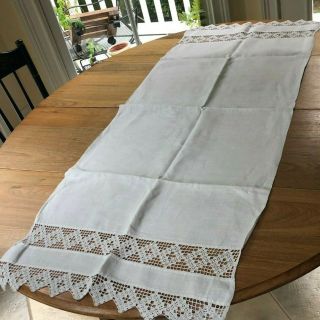 Vintage White Linen Table Runner With Crocheted Lace Trim