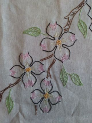 Vintage Embroidered Dresser Scarf Table Runner Pink White Dogwood Tree Blossoms