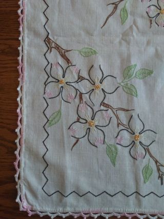 Vintage EMBROIDERED Dresser Scarf Table Runner Pink White DOGWOOD TREE BLOSSOMS 2