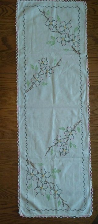 Vintage EMBROIDERED Dresser Scarf Table Runner Pink White DOGWOOD TREE BLOSSOMS 3