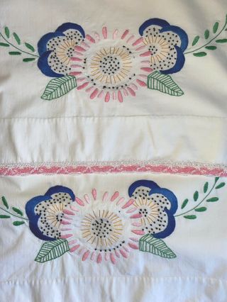 Vintage Embroidered Pillowcases Blue And Pink Flowers
