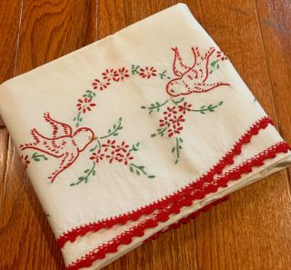 Vintage Single Pillowcase W Cute Red Birds Embroidered & Crocheted.  Exquisite