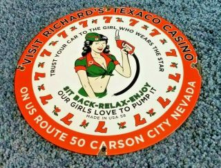 Texaco Gasoline Porcelain Pin Up Casino Girl Vintage Style Gas Service Pump Sign