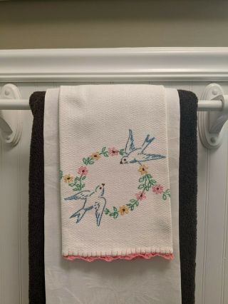 Vintage Hand Embroidered Towel With Bluebirds And A Wreath Of Flowers