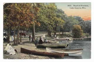 C1910 Lake Geneva Wi Beach At Fontana Boats Cars Vintage Postcard Wisconsin Old