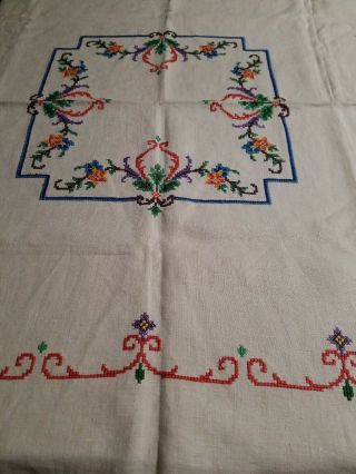 Vintage Luncheon Tablecloth,  Hand Cross Stitched,  Linen,  33 " X 35 "