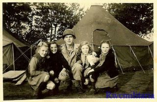 CUTE US Soldier Posed in Field by Tent w/ Four Young Belgian Kids 2