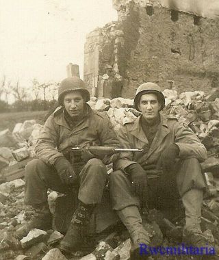 Awesome Pic Pair Us Infantrymen Posed In Rubble W/ M1 Carbine Rifle; France 1944