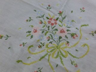 Vintage Hand Embroidered Cotton Tablecloth Floral Sprays Lace Edge 41 " Square