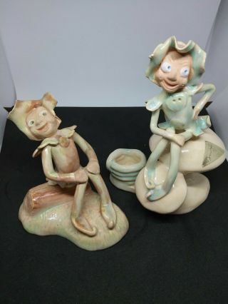 Collectible Set Of 2 Handpainted Ceramic Drews Pixies Sitting On Mushroom