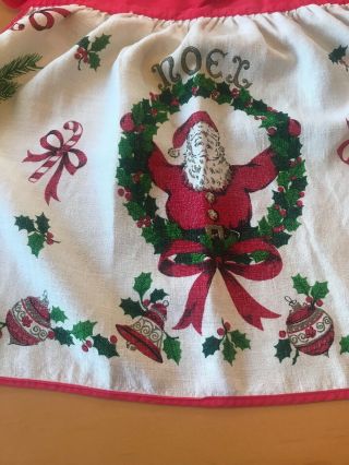 Vintage Linen Christmas Half Apron Mid Century Modern Santa Noel Wreath Hostesss 3
