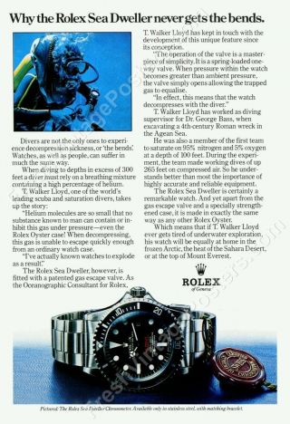 1970s Rolex Sea Dweller Double Red Diving Watch Diver Photo Ad Poster 24x35