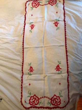 Vintage White Runner With Bright Red Embroidered Flowers And Bright Green Leaves