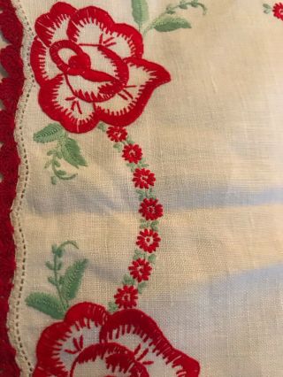 Vintage White Runner with Bright Red Embroidered Flowers and Bright Green Leaves 2