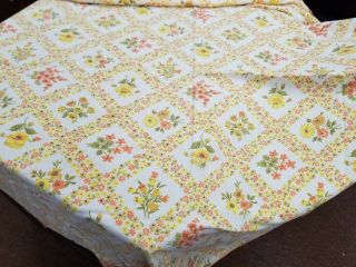 Vintage 70s Square Tablecloth 48 " X 50 " Pretty Florals In Yellow - Tan - Orange